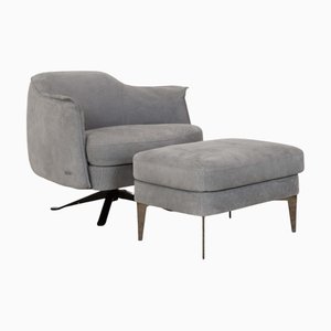 Graublauer Ledersessel & Hocker von Cierre Boheme, 2 . Set