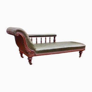 Antique Victorian Oak Chaise Longue in Green Leather with Brass Castors