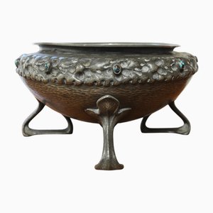 Antique Arts and Crafts Textured Pewter Bowl with Inlaid Enamel from Liberty & Co, 1900s