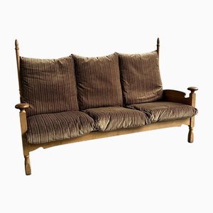 Brutalist Oak and Velvet Throne Sofa in the style of Guillerme Et Chambron, 1950s