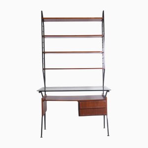 Mid-Century Modern Desk with Glass Top and Adjustable Bookshelves