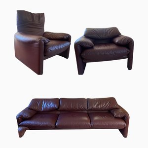 Maralunga Sofa & Sessel aus Burgunderrotem Leder von Vico Magistretti für Cassina, 2000er, 3er Set