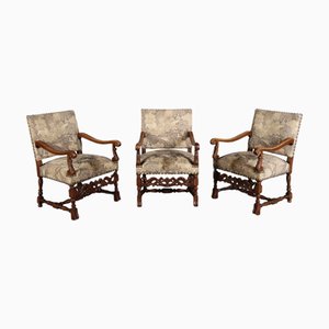 Antique Baroque Armchairs in Walnut, 1800, Set of 3