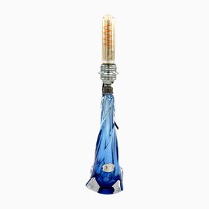 Lampe de Bureau en Verre Bleu et Clair de Val Saint-Lambert