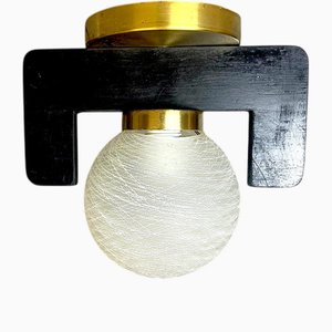 Mid-Century Modern Spanish Black Wood Brass Ceiling Light with Glass Globe, 1970s