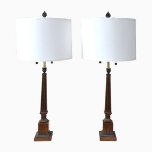 Lampade a colonna corinzie grandi in legno e ottone dorato, anni '60, set di 2