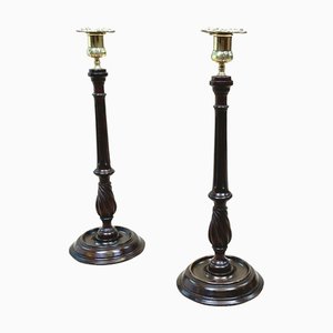 Late 19th Century Mahogany & Brass Candlesticks, 1890, Set of 2