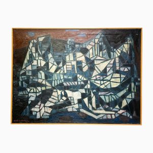 Joop Vreugdehil, Mid-Century Modern Mountain Village in Blue Tones, 1955, Oil on Canvas