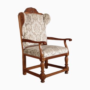 Antique Baroque Wingback Armchair with Carvings, 1800