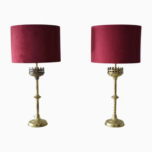 Lampes de Bureau Bougeoirs d'Église Gothique Victorienne en Laiton, Belgique, 1880s, Set de 2