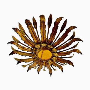 Large Spanish Sunburst Flush Mount in Gilt Metal with Support, 1950