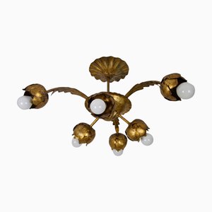 Large Golden Florentine Flower Shape Ceiling Lamp, Italy, 1970s