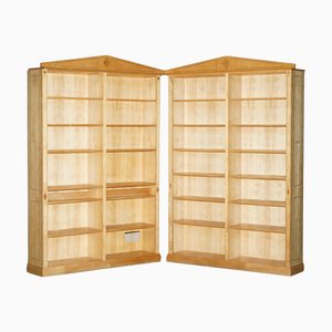 Tall Satin Birch and Walnut Steeple Top Library Bookcases, Set of 2