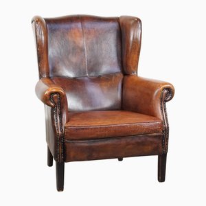 Large Vintage Sheepskin Leather Wing Chair