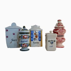Vintage Cottage Core Porcelain and Earthenware Spice Jars, 1950s, Set of 5