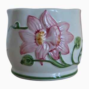 Kleiner Vintage Übertopf aus Steingut mit rosa Blumenmuster