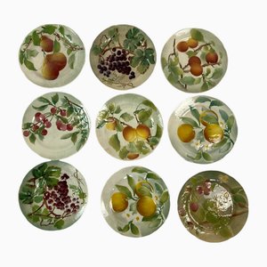 Barbotine Teller mit Obstdekor von KG Lunéville, 19. Jh., 9 . Set
