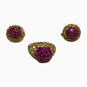 Anello e orecchini in oro giallo 18 carati con rubini, anni '70, set di 3