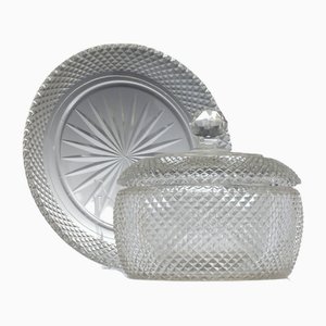 Antique Victorian Glass Butter Cooler and Stand, 1860s, Set of 2