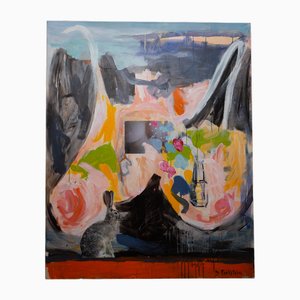 Delphine Perlstein, Composición con conejo, década de 2000, acrílico y collage sobre lienzo