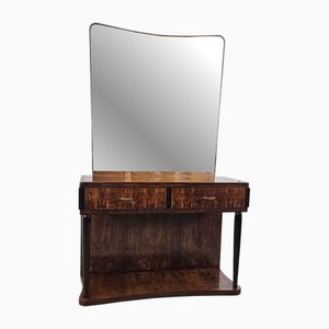Art Deco Dressing Table in Briarwood with Mirror and Pink Glass Top, 1930s