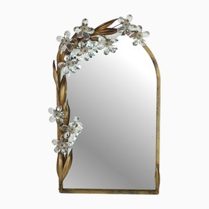 Italian Glass Flowers Gold Metal Mirror with Lamp from Banci, Firenze, 1970s