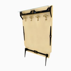 Vintage Ebonized Beech, Brass, Skai and Glass Coat Rack, Italy, 1950s