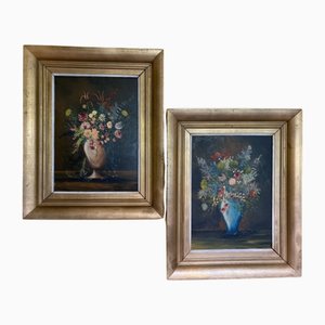 Huile sur Carton Pressé F. Domínguez, Floral Still Lifes, 1945, Set de 2