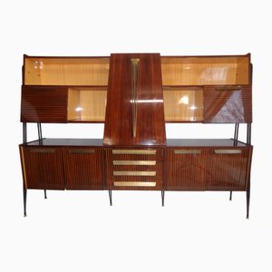 Bookcase Bar Cabinet with Folding Table in Mahogany and Brass, 1950s