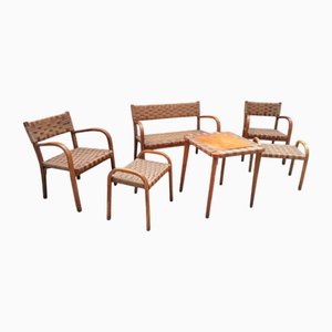 Set da salotto in legno curvato e corda nello stile di Giuseppe Pagan, anni '40, set di 6