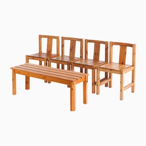 Vintage Dining Chairs and Bench in Pine from Sotka Oy, Finland, 1970s, Set of 5