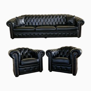 Juego de salón Chesterfield de cuero genuino negro. Juego de 3