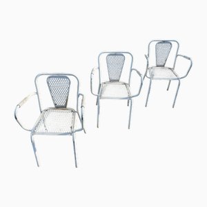 Poltrone da bistrò industriali in metallo di Rene Malaval, Francia, 1950, set di 3