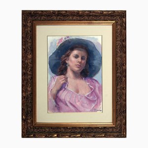 Salvatore Ciaurro, Portrait of a Woman in a Hat, 1989, Huile sur Panneau
