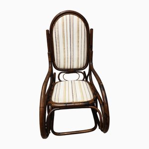Rocking Armchair with Bamboo and Wicker Structure with Padded Backrest and Seat, 1920s