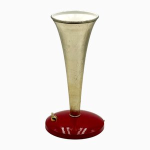 Mid-Century Moderne Kegelförmige Metalllampe mit Rotem Fuß & Goldenem Schirm, 1950er