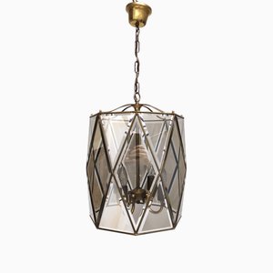 Lanterne à Suspension Octogonale Vintage en Verre et Laiton, Italie, 1950s
