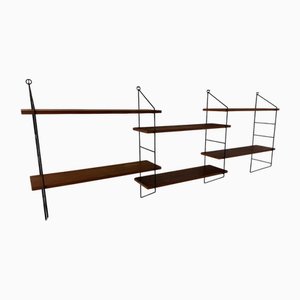 Sistema a parete Mid-Century modernista in teak e acciaio attribuito a Kajsa & Nils Nisse Strinning for String, anni '50, set di 6