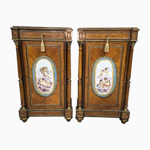 Tall French Louis XVI Porcelain Mounted Cabinets, 1880, Set of 2