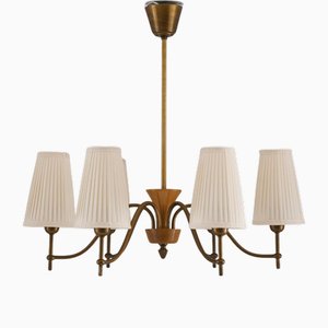 Modern Swedish Chandelier in Brass and Wood from Böhlmarks, 1940s