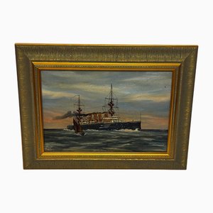 Follower of Charles Dixon, HMS Powerful Royal Navy Cruiser Ship, 1900s, Oil Painting, Framed