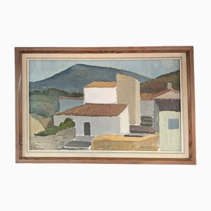 Terracotta Roofs, 1950s, Oil on Canvas, Framed