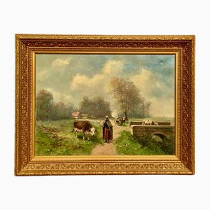 G. Geymüller, Farmer with Her Cows, Oil Painting