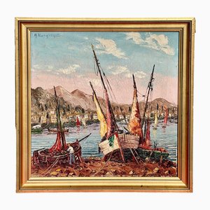 René Bondenet, Mediterranean Fishing Boats, 1947, Oil Painting