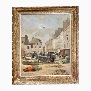 Paul-Marie Lapierre Renouard, Market Day at Place Terre-au-Duc in Quimper, Oil Painting