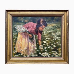 Robert Van Cleef, Jeune Fille Collectionnant les Marguerites, Peinture à l'Huile