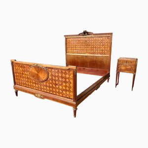 Letto e comodino intarsiati, Francia, set di 2