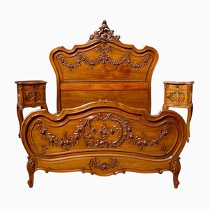 Lit et Tables de Chevet Style Louis XV en Noyer, Set de 3