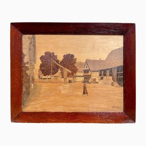 Charles Spindler, villaggio alsaziano, pannello intarsiato, con cornice