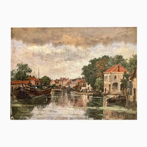 Émile Vernier, A Canal in Dordrecht, Oil on Panel